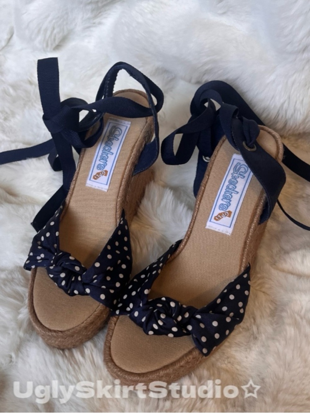 Skechers Cali Navy Polka Dot Wedge Sandals Bow Espadrille Nautical Boho